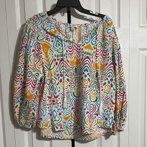 Calligraphie colorful Linen Blend Large Blouse Top shirt size MEDIUM